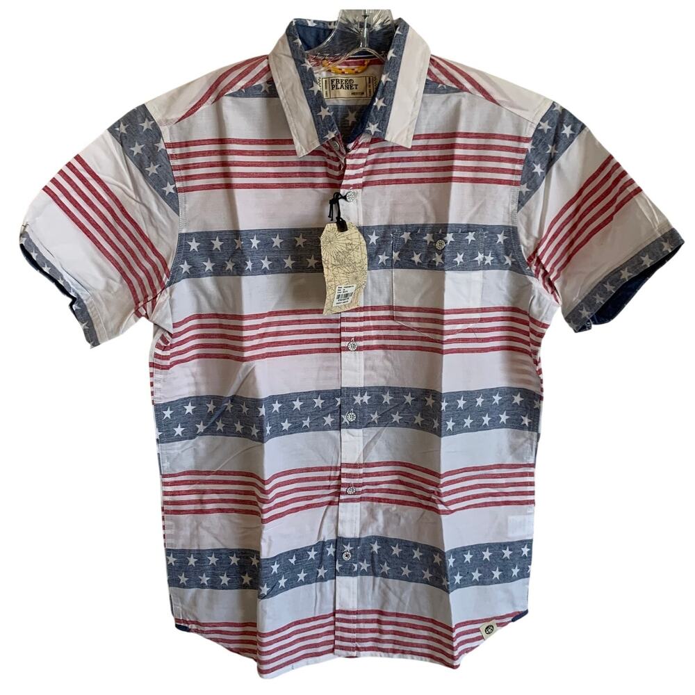 NWT Free Planet Mens Sz Medium Short Sleeve Button Up Shirt 4th July Flag Stars